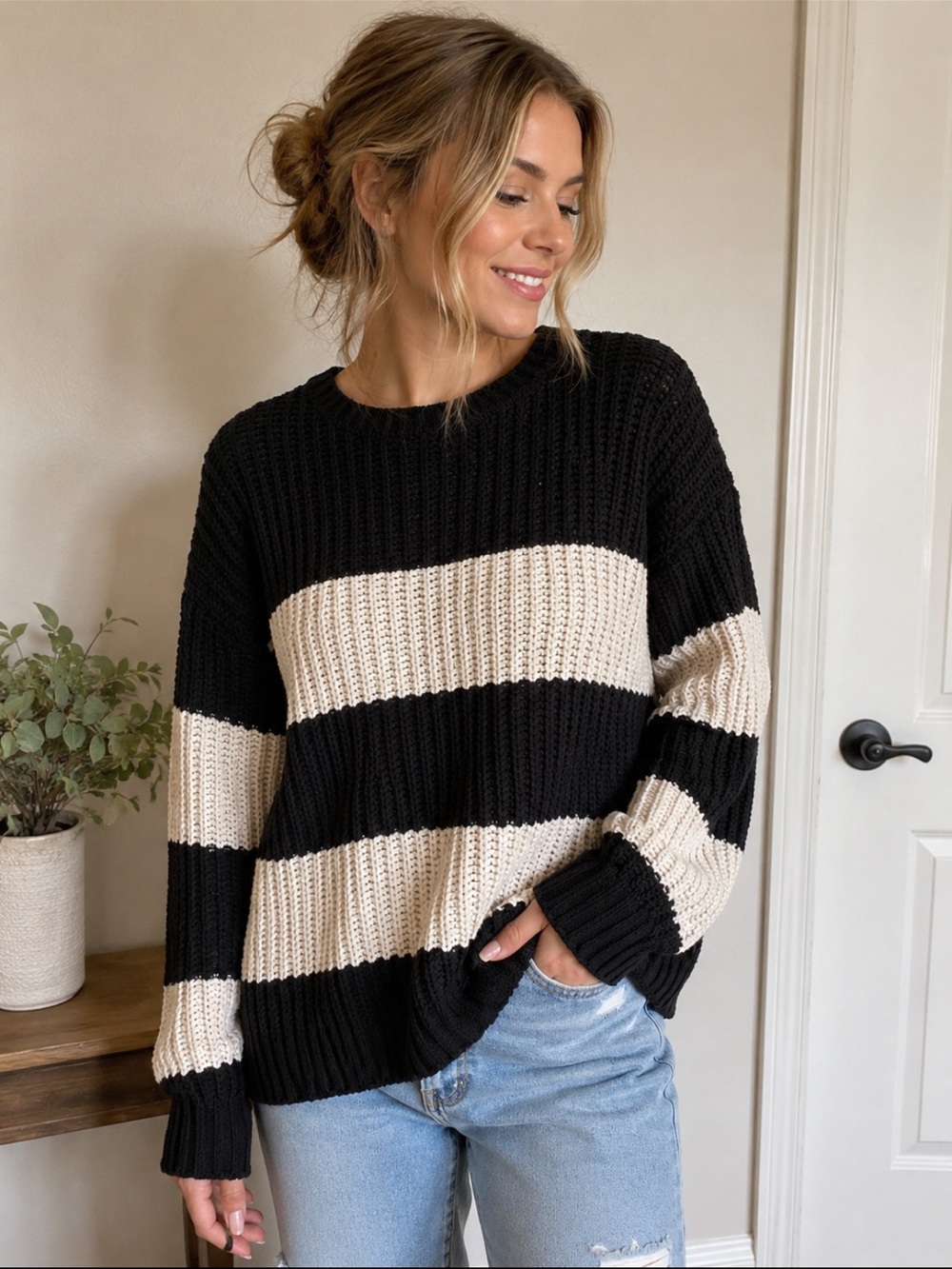 Striped Crewneck Knit Sweater in Black and Cream